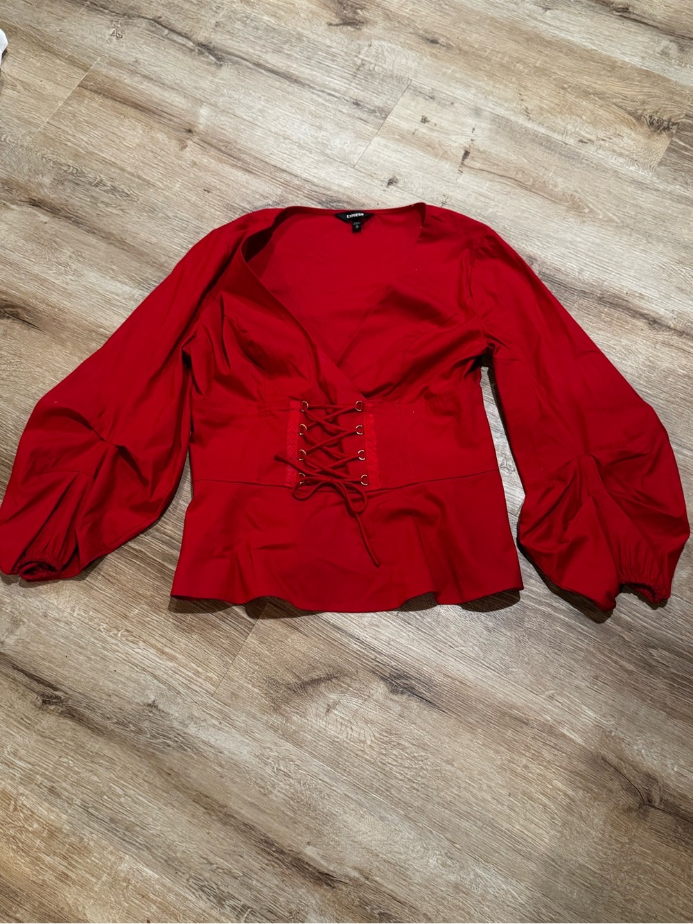 Express Red Lace-Up V-Neck Peplum Blouse